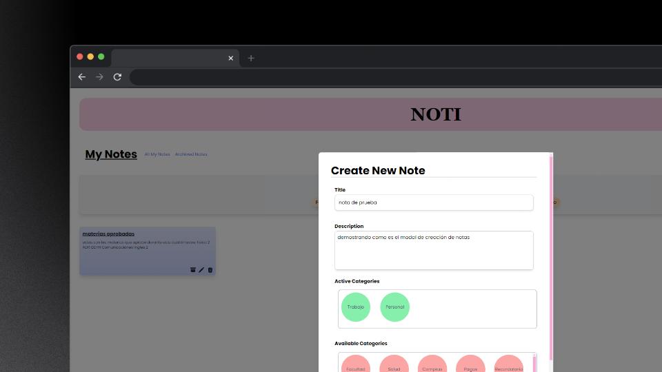 Aplicacion para tomar notas. Crea tu usuario, selecciona una categoria para tu nota y guardala en la nube.